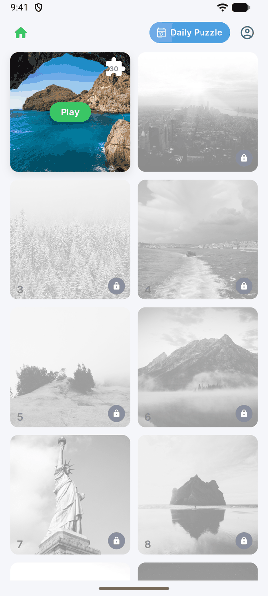 Home screen with a grid of level pictures: level 1 shows a Play button and the other levels are greyed out and locked