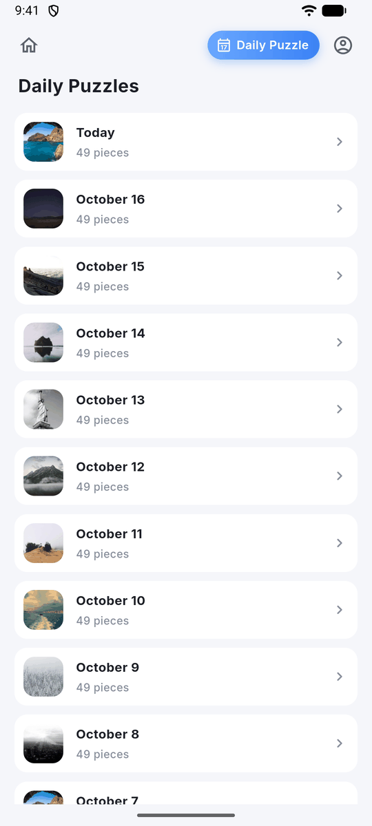 Daily Puzzles screen listing today's 49-piece puzzle followed by puzzles from previous days