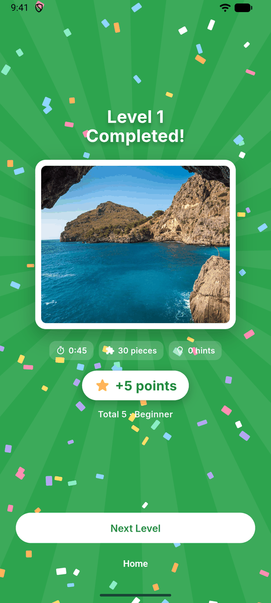 Level 1 Completed! screen with confetti, the finished picture, and a reward of +5 points