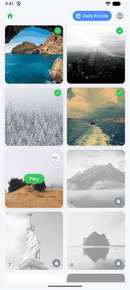 Level grid with levels 1 to 4 marked complete with green ticks and level 5 ready to play